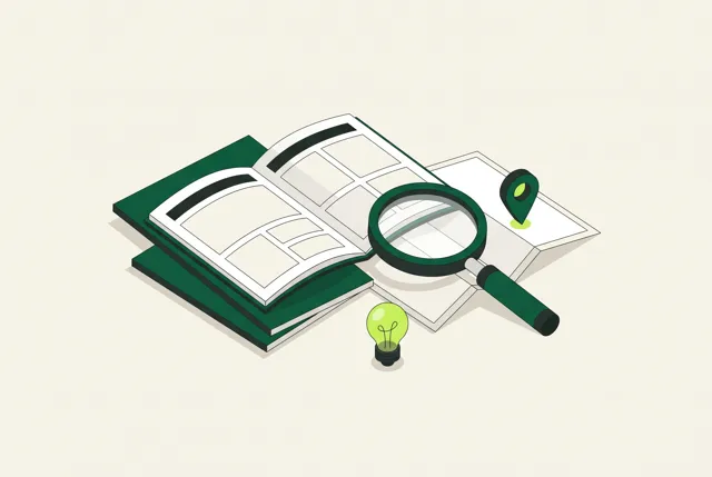 Open guide book with magnifying glass