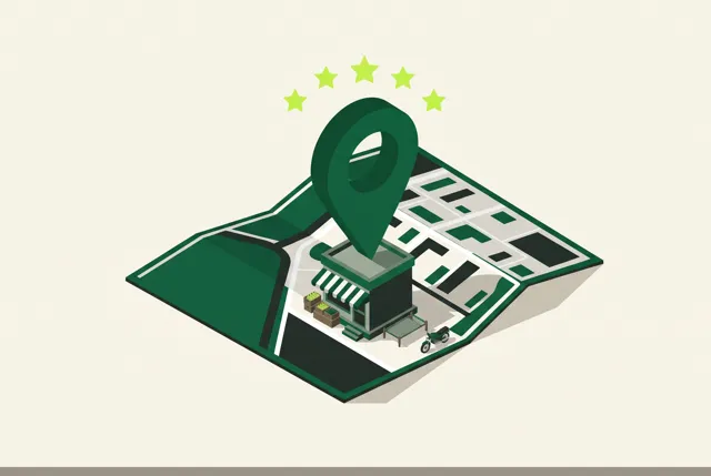 Google Maps pin with star reviews over a shop
