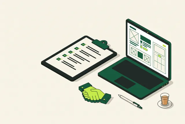 Checklist and laptop with a handshake