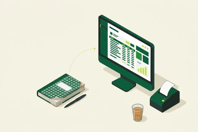 Invoice software desktop with ledger and receipt printer