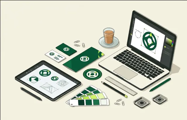Graphic design desk with colour swatches and brand materials