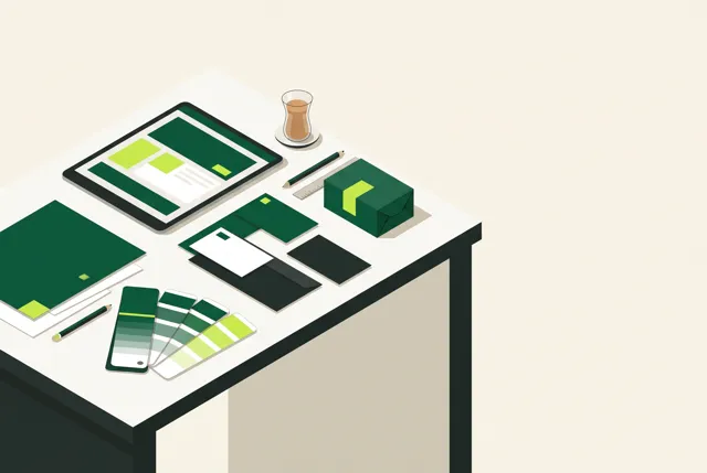 Brand identity desk with colour swatches