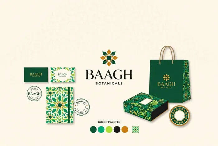 Concept brand identity for a fictional botanicals brand, Baagh Botanicals, with color palette