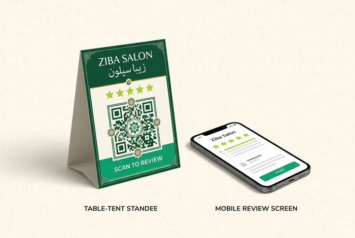 Concept QR review stand for a fictional salon