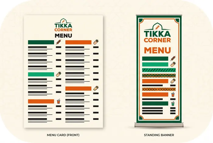 Concept menu card and banner for a fictional fast-food restaurant