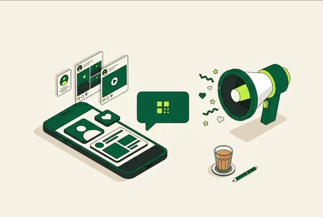 Social media profiles and megaphone illustration